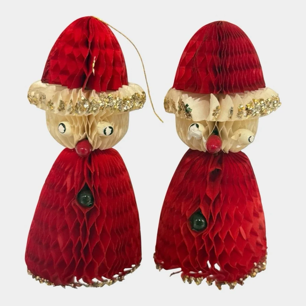 Honeycomb Paper Santa Ornaments Set of 6 Original Box c1950s Christmas Vintage